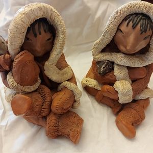 Two Inuit Style Terra Cotta Clay Sculptures - 7" tall